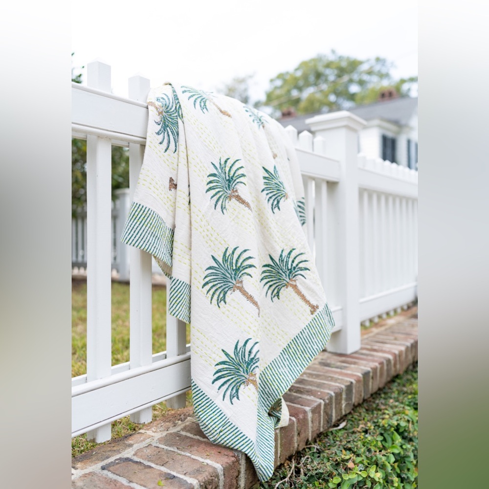 Hand embroidered block print queen size blanket palm tree